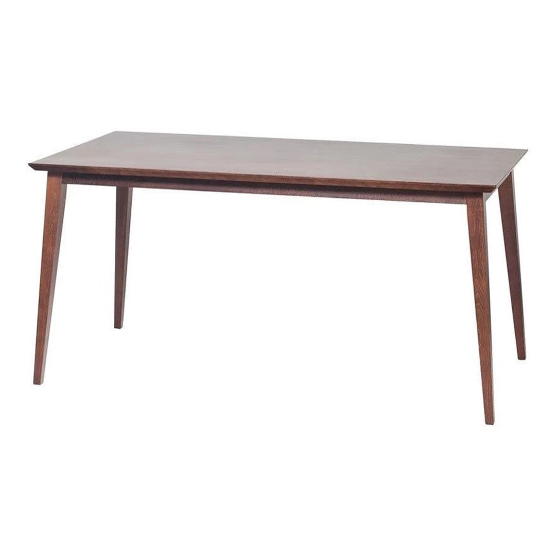 Mid-century modern wooden table in rich brown finish, featuring a sleek, minimalist design with tapered legs.