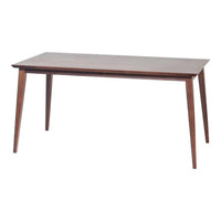 Mid-century modern wooden table in rich brown finish, featuring a sleek, minimalist design with tapered legs.
