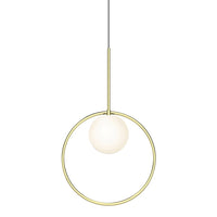 Modern gold pendant light with a circular frame and a white globe, featuring a minimalist design.