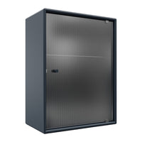 Blue storage cabinet with a sleek, ribbed steel door for a modern look. Ideal for stylish organization.