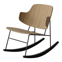 Light wood finish rocking chair with sleek black metal frame and contemporary design.