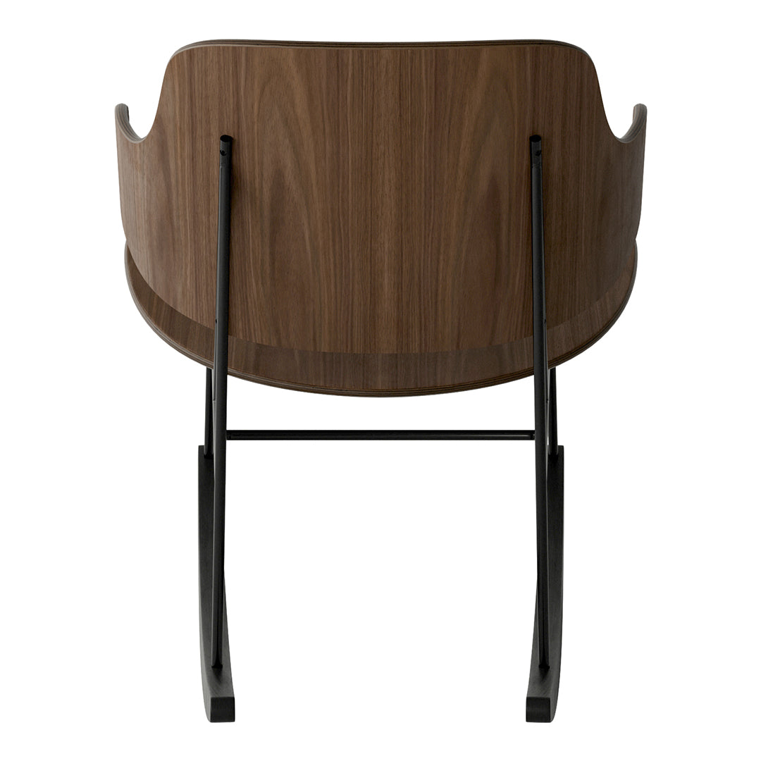 Brown wood chair with smooth finish and sleek black metal legs, featuring a minimalist design for modern aesthetics.