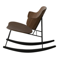 Brown wood rocking chair with a sleek black metal frame and smooth curved lines, showcasing modern design elegance.