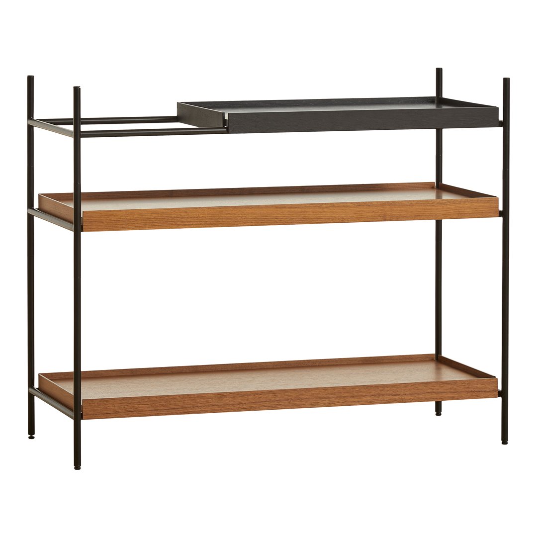 Modern black metal frame with warm wooden shelves, featuring a sleek, minimalist design. Ideal for stylish storage.