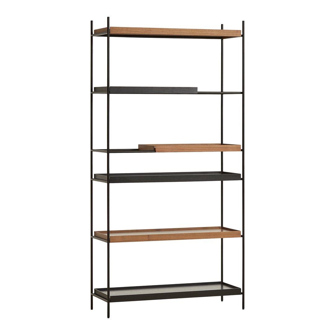 "Modern black metal shelving unit with natural wood shelves, featuring a sleek design and minimalist pattern."