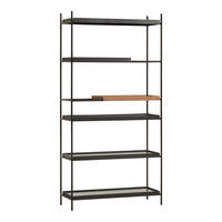 Black metal shelving unit with wooden accents, showcasing a sleek, modern design and clean lines.