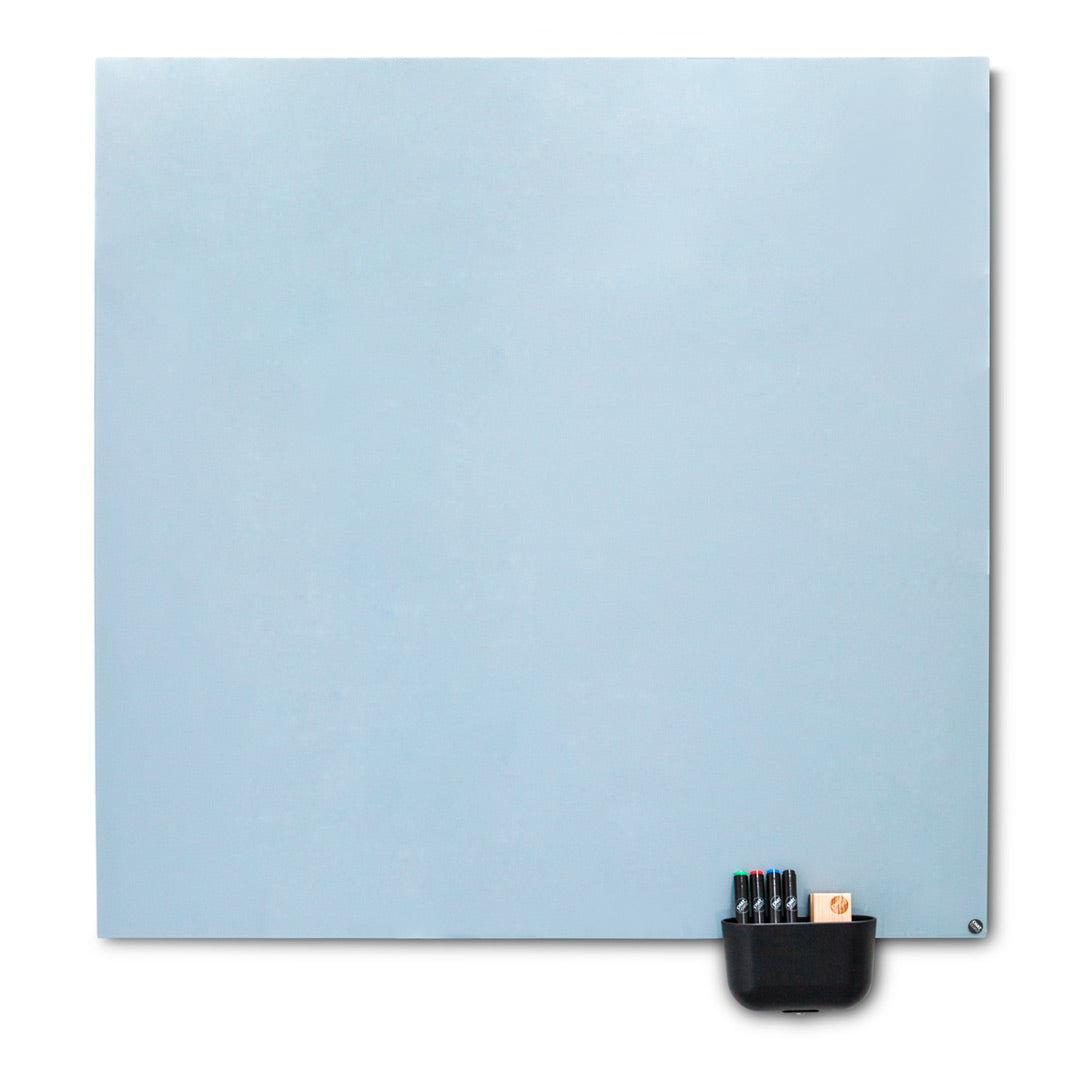 Light blue square board with a smooth texture and a black holder for markers at the bottom.