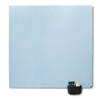 Light blue square board with a smooth texture and a black holder for markers at the bottom.