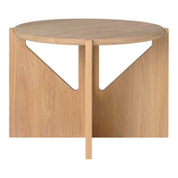 Light wood round coffee table with minimalist design and triangular cutout patterns.