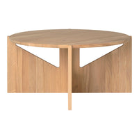 Round wooden coffee table with natural wood finish and minimalist geometric cutout patterns.