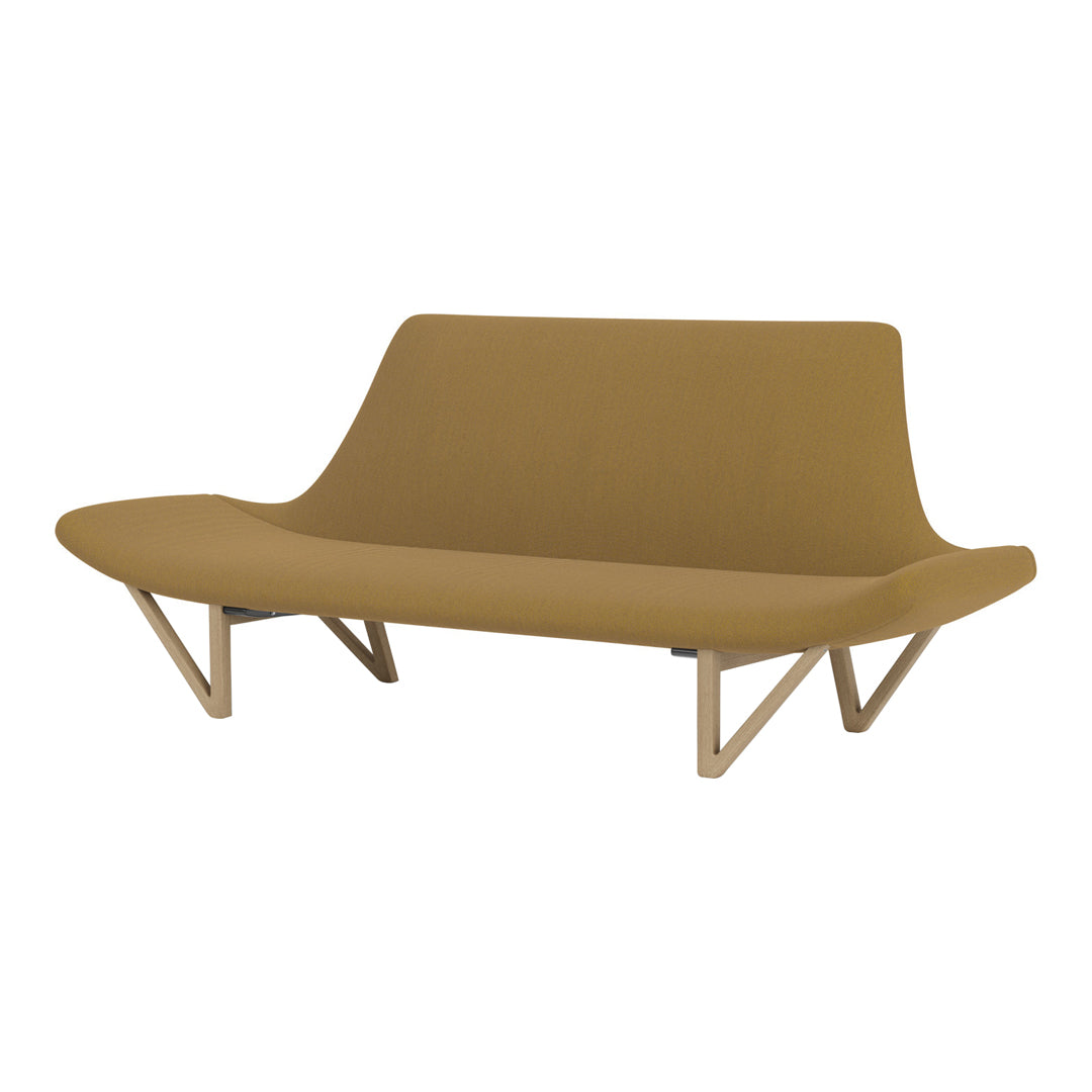 Stylish mustard yellow sofa with smooth, minimalist design and natural wood legs, perfect for modern interiors.