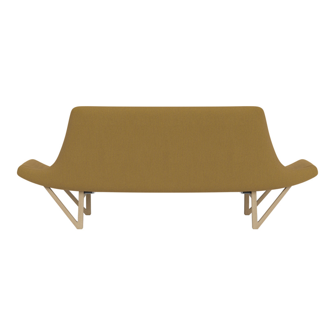 Stylish mustard yellow sofa with a smooth fabric texture and minimalist wooden legs, perfect for modern decor.