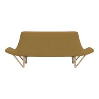 Stylish mustard yellow sofa with a smooth fabric texture and minimalist wooden legs, perfect for modern decor.