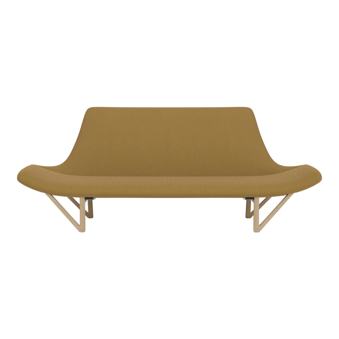 Yellowish-brown sofa with a smooth texture, featuring minimalist wooden legs and a sleek, modern design.