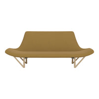 Yellowish-brown sofa with a smooth texture, featuring minimalist wooden legs and a sleek, modern design.