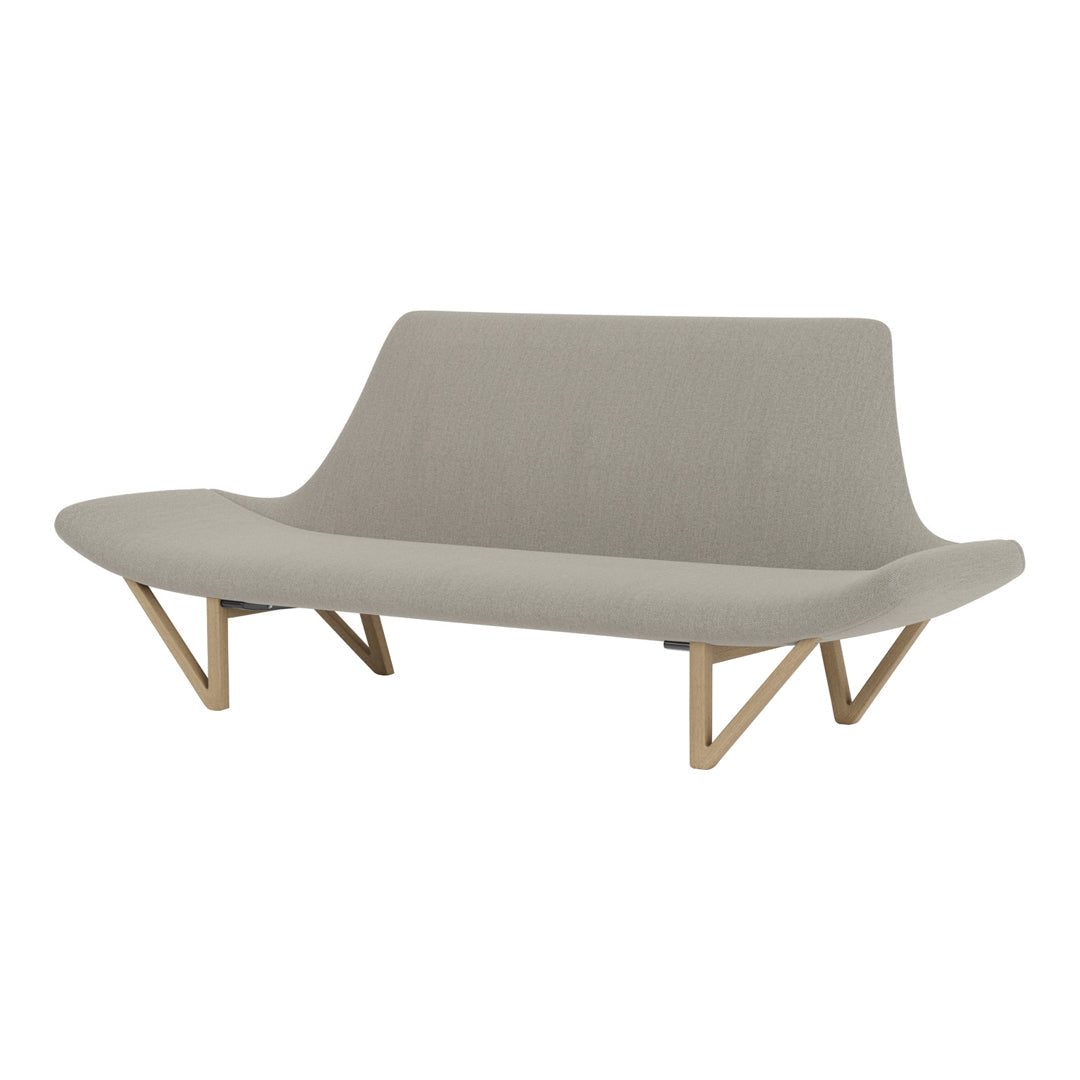 Soft gray fabric sofa with minimalist design and natural wood legs, featuring a seamless, smooth texture.