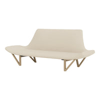 Beige modern sofa with smooth curves and wooden legs, adding a minimalist touch to any space.