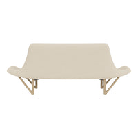 Beige upholstered sofa with smooth, curved lines and light wood legs, featuring a minimalist and modern design.