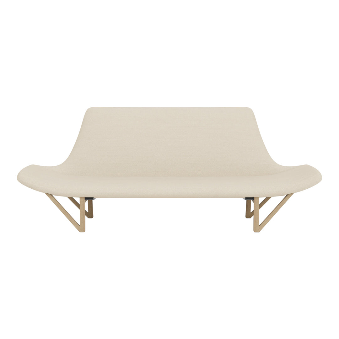 Beige modern sofa with smooth fabric and clean lines, featuring a minimalist design and natural wood legs.