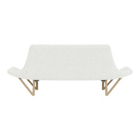 White modern sofa with minimalist design and natural wood legs. Soft texture enhances contemporary style.