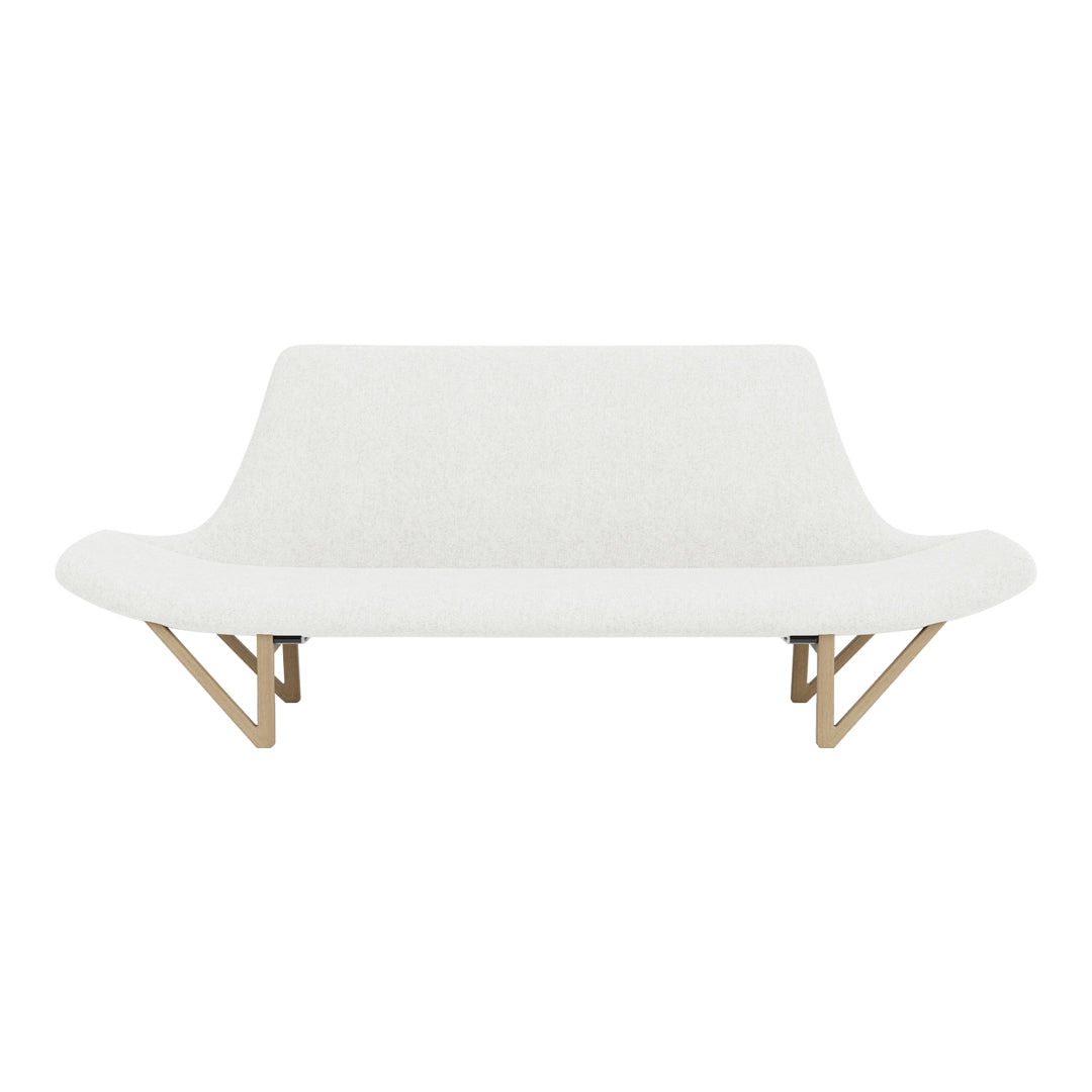 White sofa with a smooth texture and minimalist design, complemented by light wooden legs.