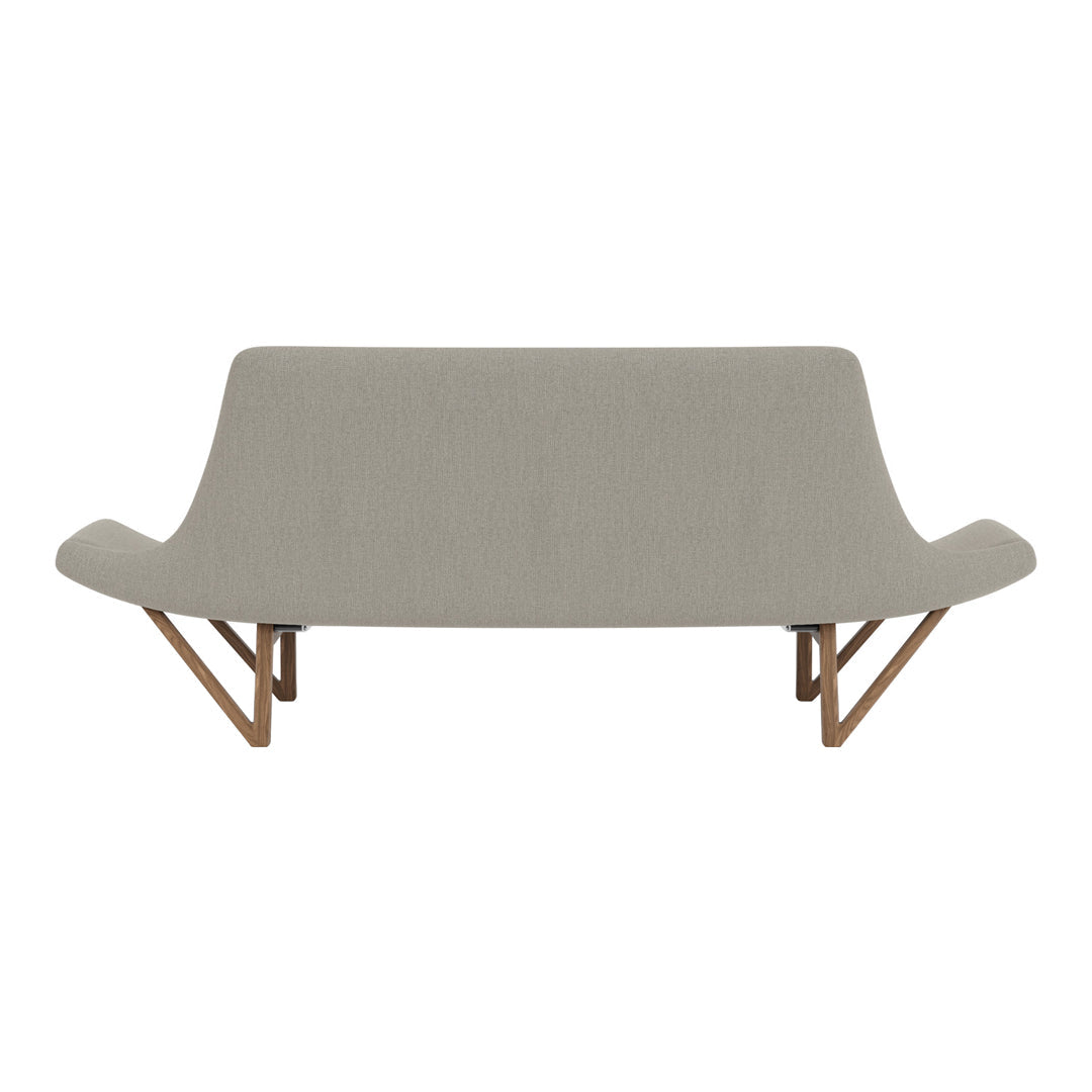 Neutral gray upholstered sofa with smooth fabric and natural wood legs, featuring a minimalist design.