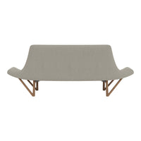 Neutral gray upholstered sofa with smooth fabric and natural wood legs, featuring a minimalist design.