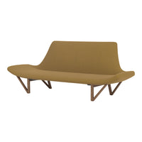 Stylish sofa in warm mustard fabric with smooth, minimalist design and wooden angled legs.