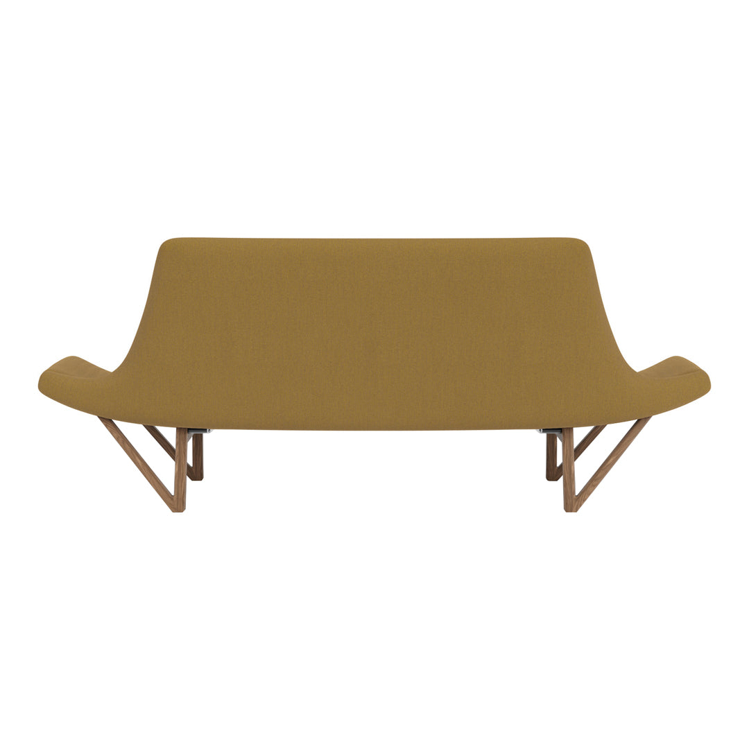 Sleek mustard-yellow sofa with smooth fabric and minimalist wooden legs, perfect for contemporary decor.