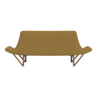Sleek mustard-yellow sofa with smooth fabric and minimalist wooden legs, perfect for contemporary decor.