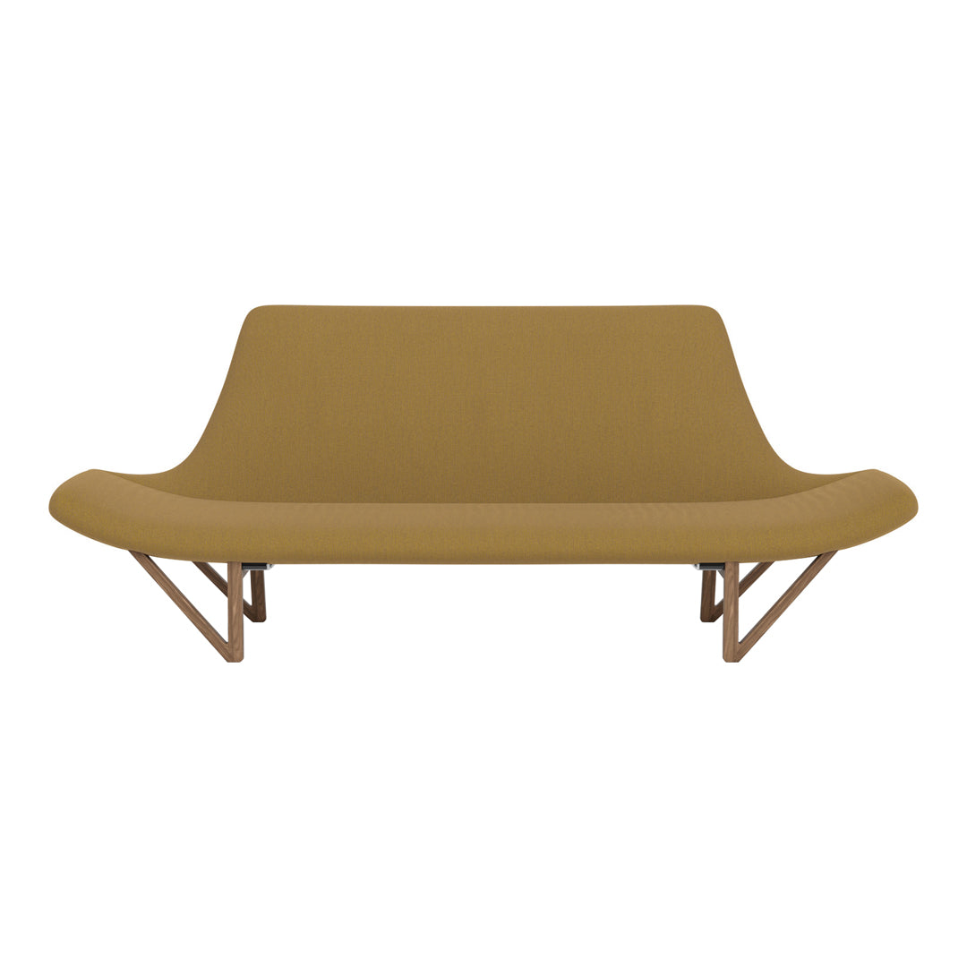 Sleek mustard yellow sofa with a smooth texture and minimalist wooden base, perfect for modern interiors.