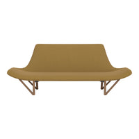 Sleek mustard yellow sofa with a smooth texture and minimalist wooden base, perfect for modern interiors.