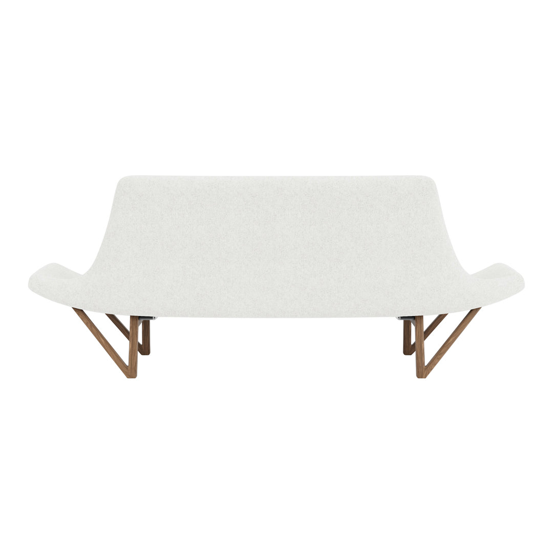Modern white sofa with a smooth texture and wooden legs, perfect for minimalist decor.