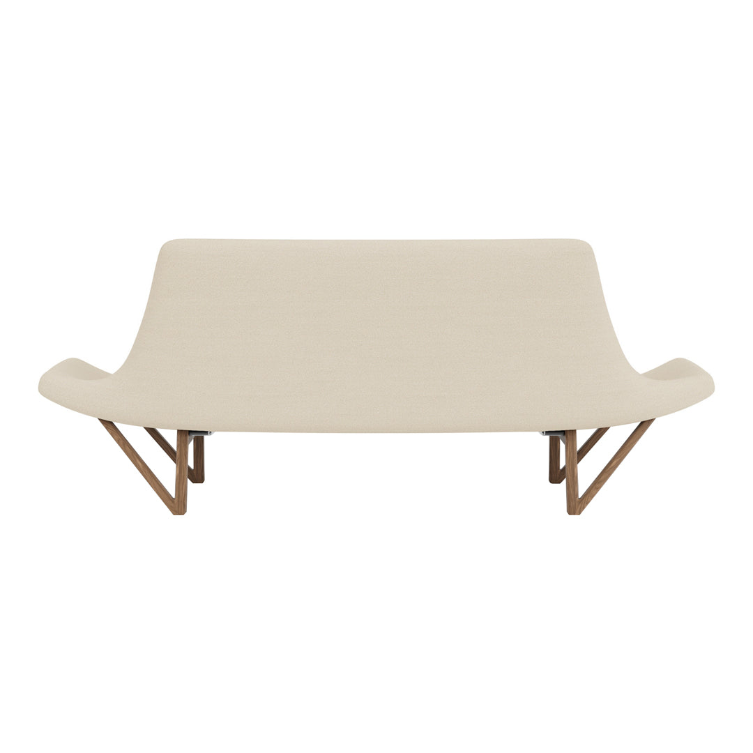 Beige, smooth fabric sofa with mid-century wood legs, showcasing a minimalist design and modern aesthetic.