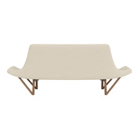 Beige, smooth fabric sofa with mid-century wood legs, showcasing a minimalist design and modern aesthetic.