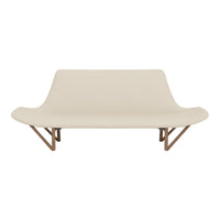 Beige sofa with smooth upholstery and natural wood legs, featuring a minimalist design and elegant curves.
