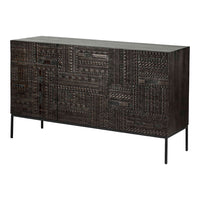 Dark wood sideboard with intricate textured patterns and a sleek design, featuring black metal legs.