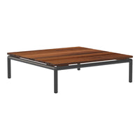 Square coffee table with a rich brown wooden top and sleek black metal legs, showcasing a minimalist design.