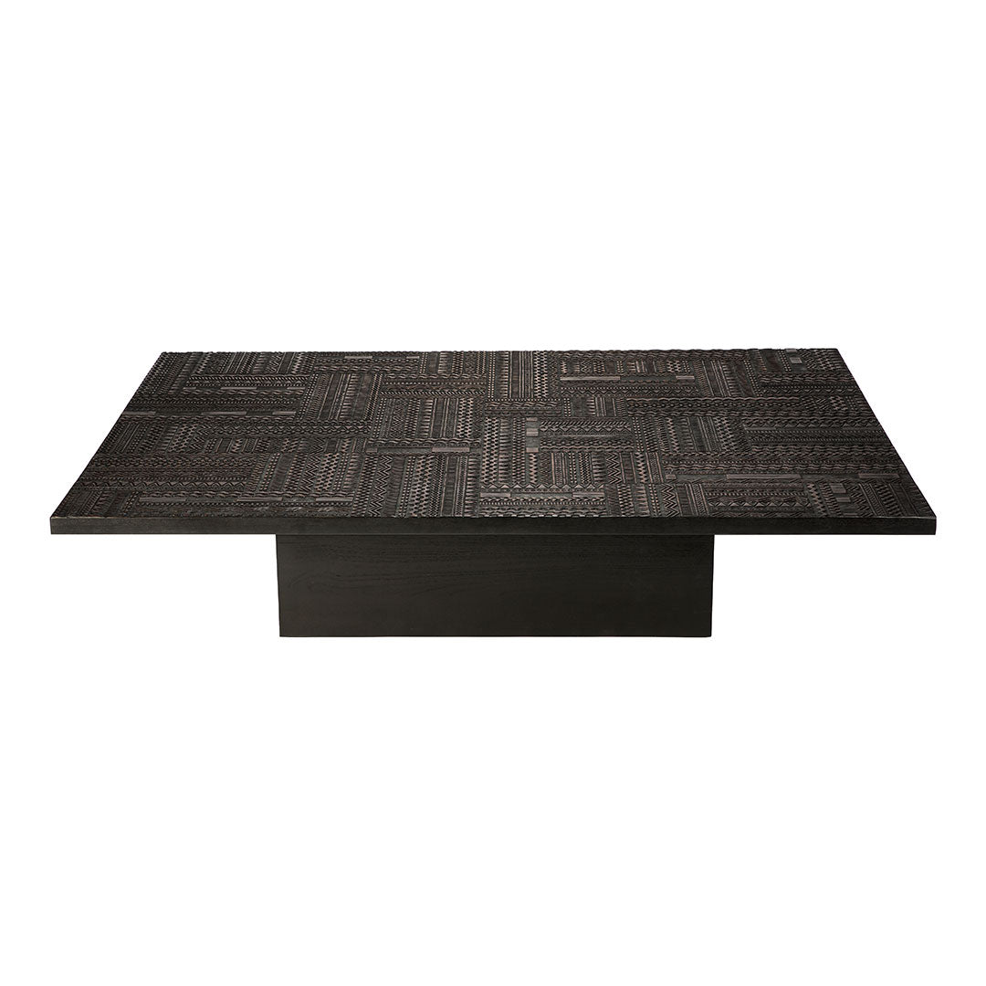 Dark wooden coffee table with a textured, geometric pattern on the surface, featuring a sleek black base.
