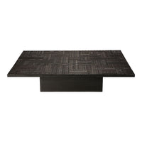 Dark wooden coffee table with a textured, geometric pattern on the surface, featuring a sleek black base.