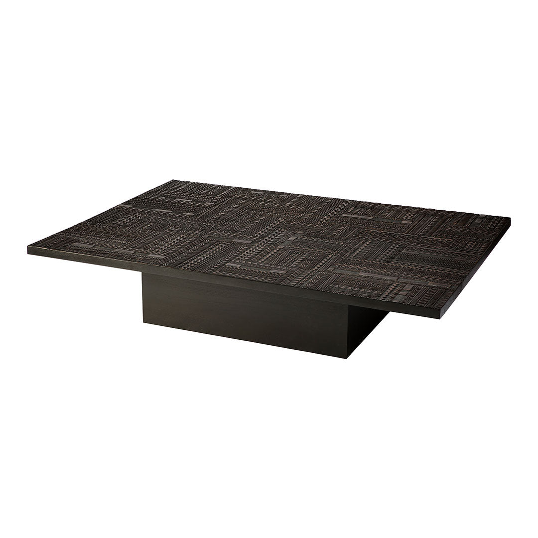 Black patterned coffee table with a sleek, textured surface and modern design. Perfect for contemporary interiors.