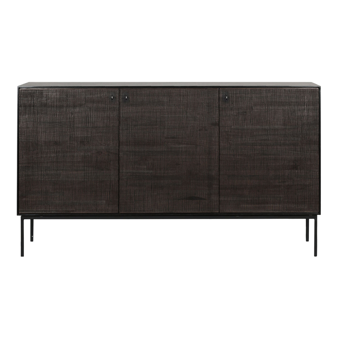 Dark wood sideboard with a textured finish and sleek black metal legs, featuring minimalist lines and a modern design.
