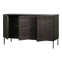 Dark wood grain cabinet with a sleek black finish and minimalistic design, featuring two cabinet doors.