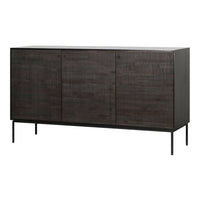 Dark wood sideboard with a textured finish and sleek metal legs. Modern, minimalist design in deep hues.