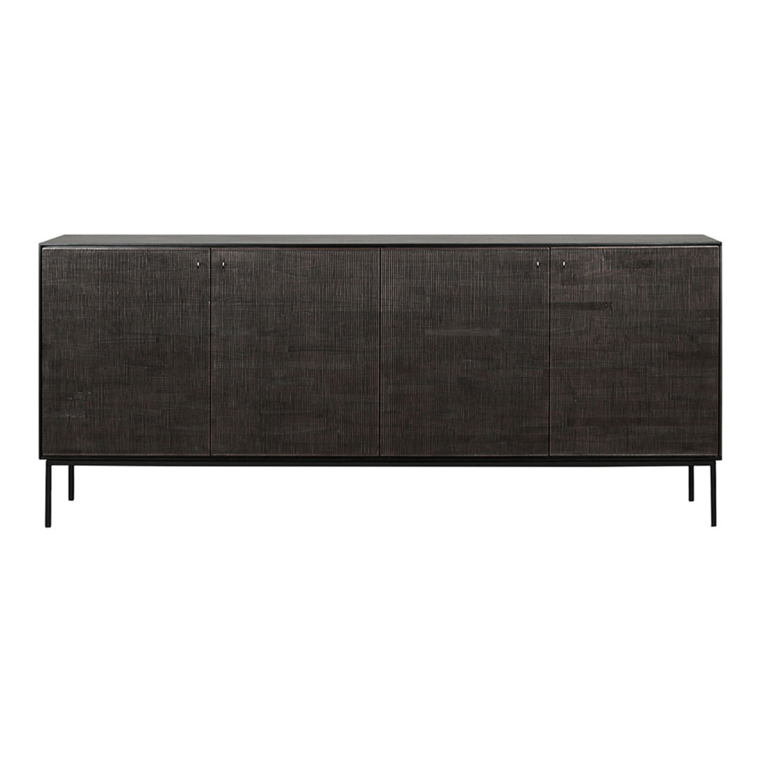 Dark wood sideboard with a textured pattern and sleek black metal legs, perfect for modern decor.