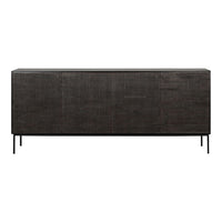 Dark wood sideboard with a textured pattern and sleek black metal legs, perfect for modern decor.