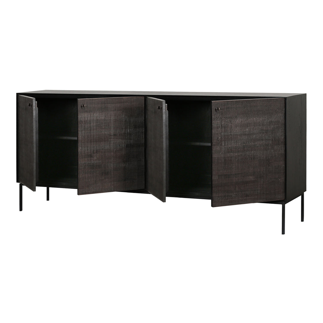 Black wood sideboard with textured doors and sleek metal legs, featuring a minimalist design and modern finish.