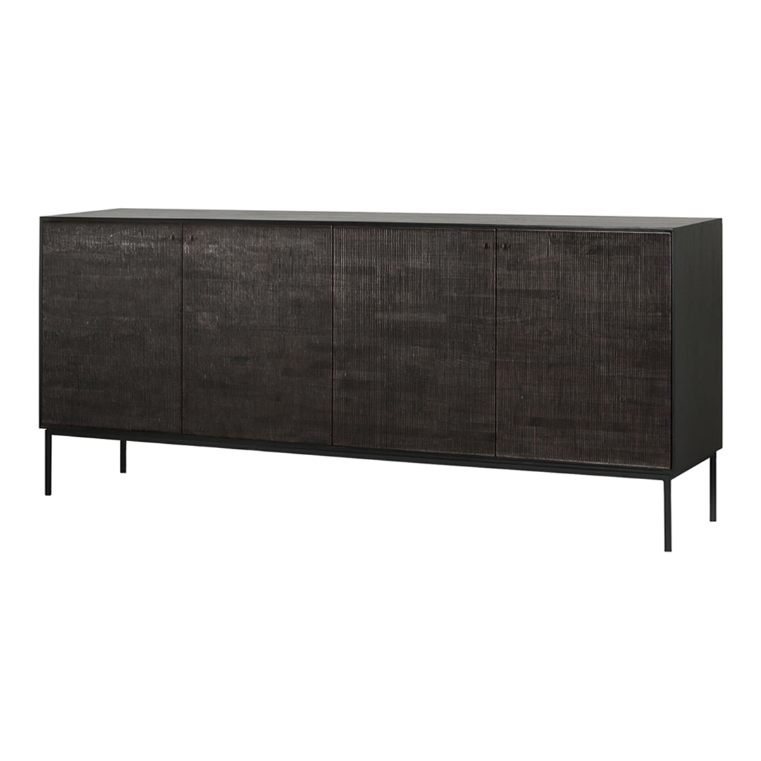 Dark wood sideboard with textured surface and sleek black metal legs. Modern design with minimalist aesthetic.