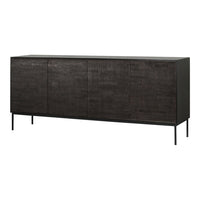 Dark wood sideboard with textured surface and sleek black metal legs. Modern design with minimalist aesthetic.