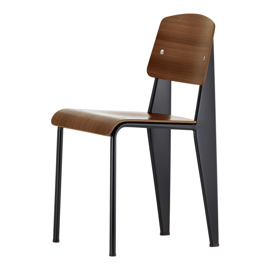 Brown wooden chair with a sleek black metal frame and minimalist design. Ideal for modern decor.